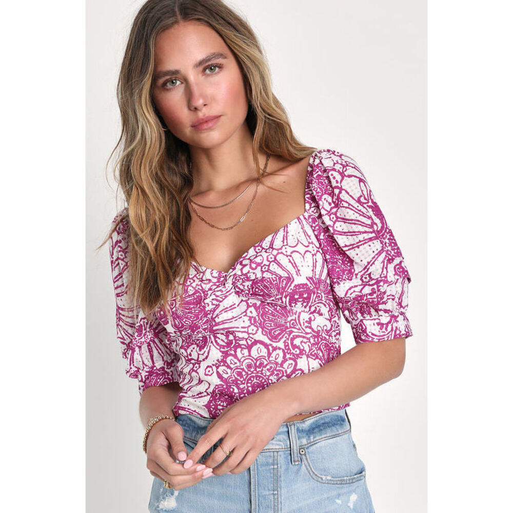 Lulus Say It Back Ivory Floral Puff Sleeve Tie-back Crop Top Pink - Size XS